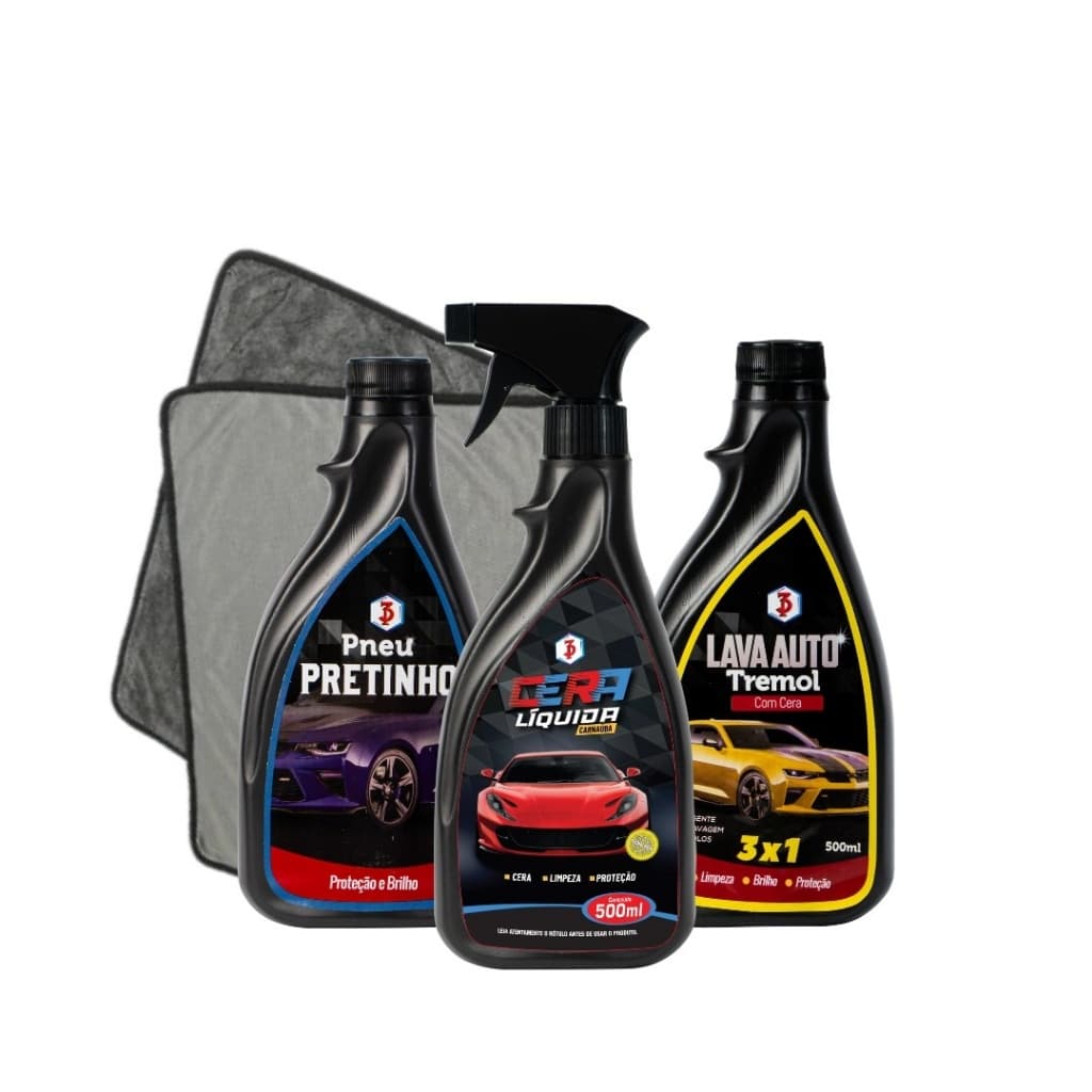 Kit automotivo- Shampoo + Cera + Pretinho + Toalha de microfibra 40x40