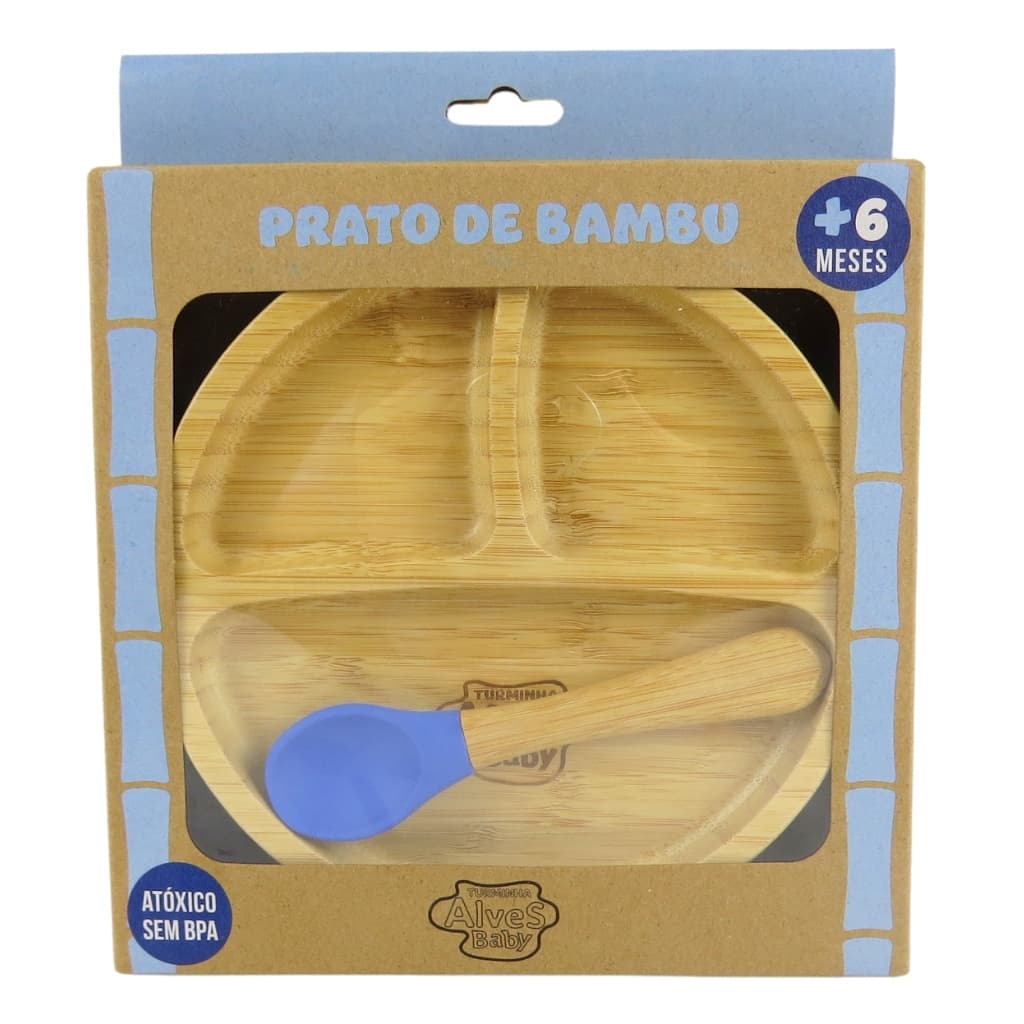 Pratinho Infantil de Bambu Turminha Alves Baby com Ventosa Azul