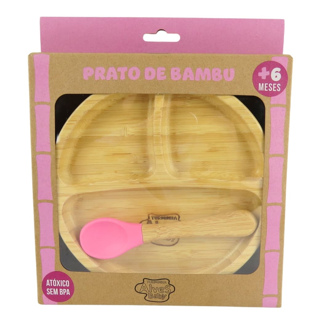 Pratinho Infantil de Bambu Turminha Alves Baby com Ventosa Rosa