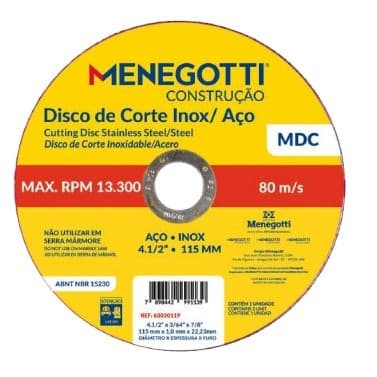KIT 10 Discos de Corte Inox/Aco MDC 4.1/2" - Menegotti - 63030119