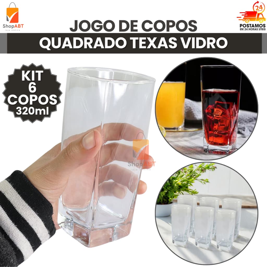 Jogo de Copos Conjunto com 6 Copos Quadrado Texas Vidro 320ml Transparente Suco Refrigerante Água Drink Mesa