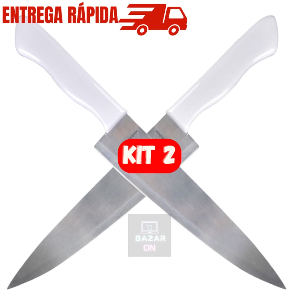 Kit 2 Facas De Cozinha Peixeira 7” Churrasco Peixe Afiada Cabo Branco Em Aço Inox