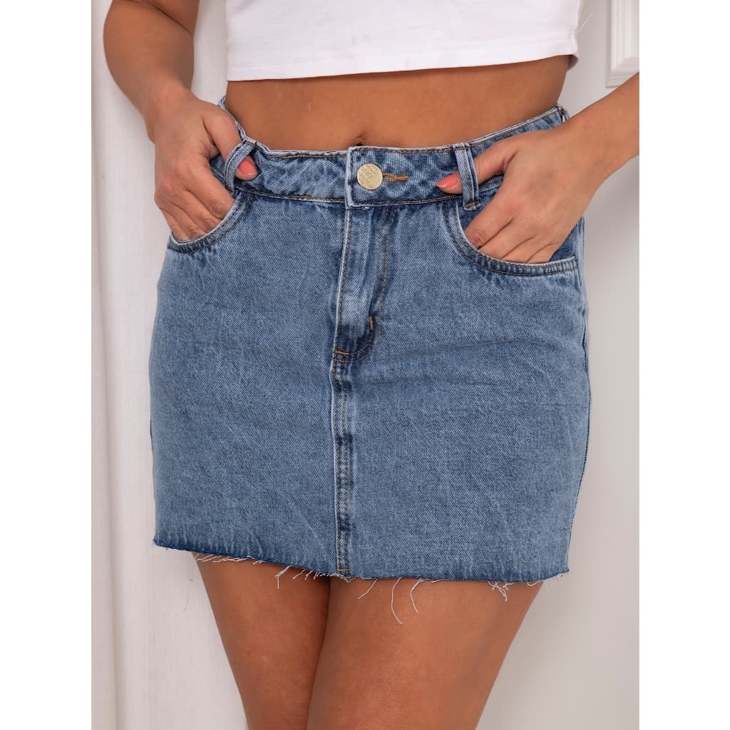 Saia Jeans Curta Desfiada Cintura Alta - Vários Modelos