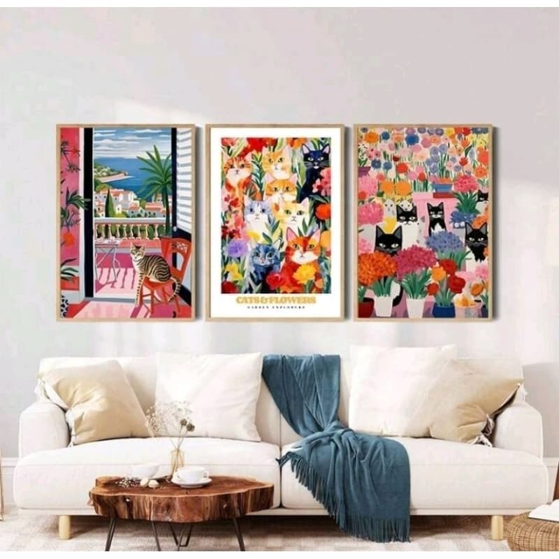 Quadro Decorativo 3 Peças Flores Abstratas Boêmias Gatos