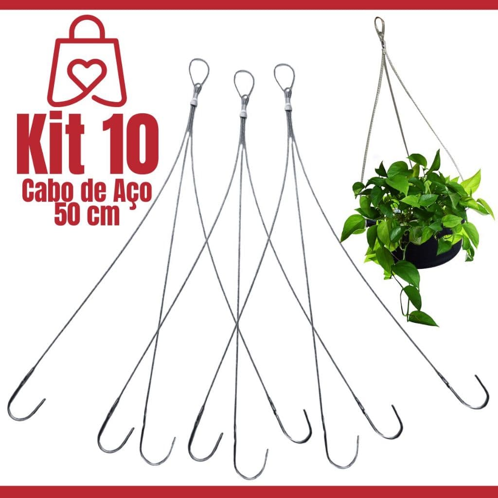 Kit 10 Suporte Haste Cabo De Aço 50cm Triplo Para Pendurar Vaso e Planta Pendente 03 Ganchos Suspenso Para Teto e Parede