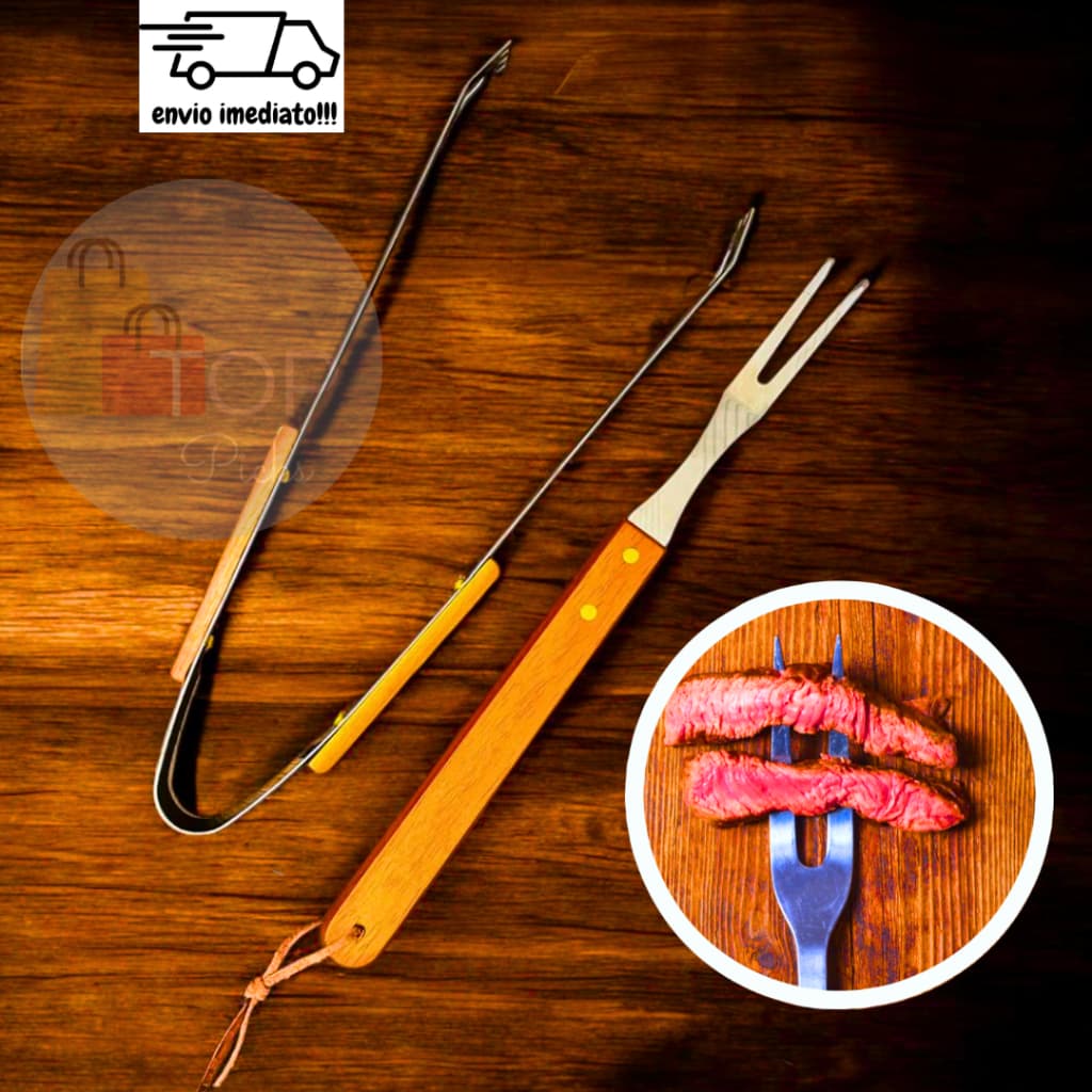 Kit Garfo Trinchante E Pegador De Aço Inox Com Cabo De Madeira Para Churrasco