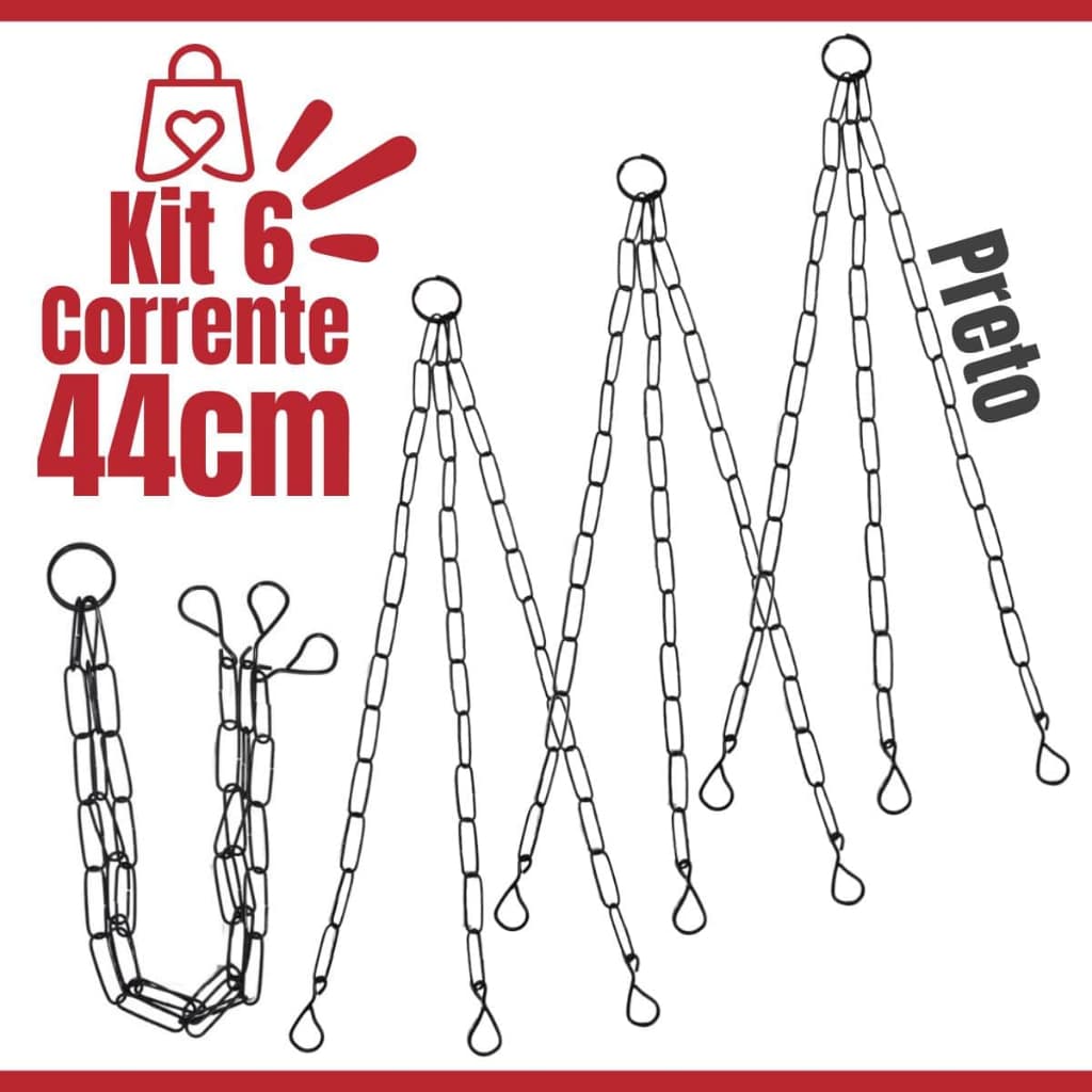 Kit 6 Suporte Haste Corrente De Metal Para Pendurar Vaso de Planta Pendente 44cm Preto Decorativo Resistente