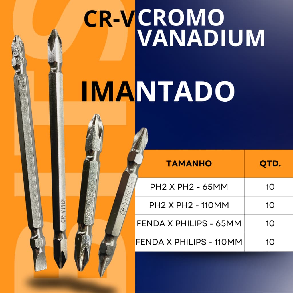 Jogo Bits 10 peças - 110mm, 65mm - Cromo Vanádio Fenda, Philips, PH2 - Parafusadeira - Imantada, imã