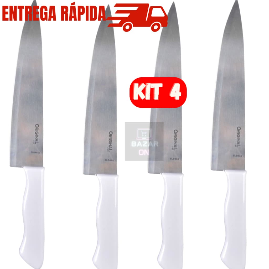 Kit 4 Facas De Cozinha Peixeira 7” Churrasco Peixe Afiada Cabo Branco Em Aço Inox