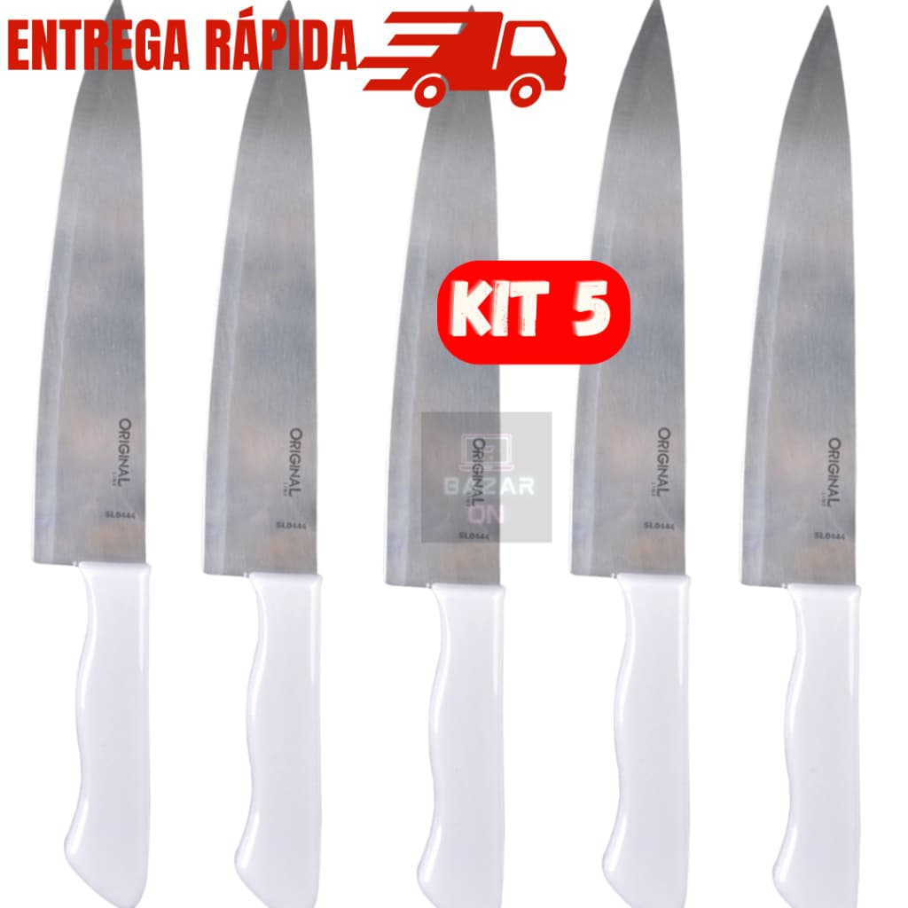 Kit 5 Facas De Cozinha Peixeira 7” Churrasco Peixe Afiada Cabo Branco Em Aço Inox