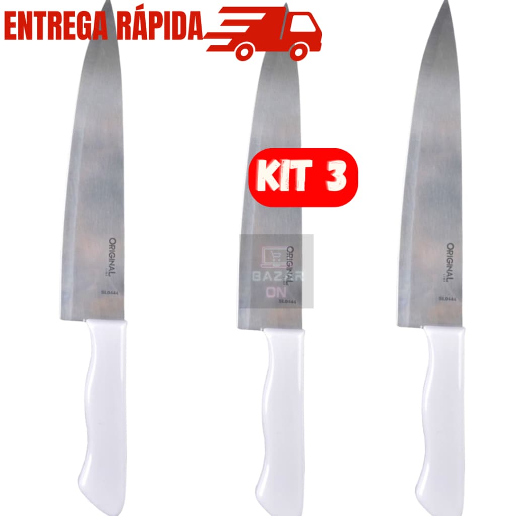 Kit 3 Facas De Cozinha Peixeira 7” Churrasco Peixe Afiada Cabo Branco Em Aço Inox