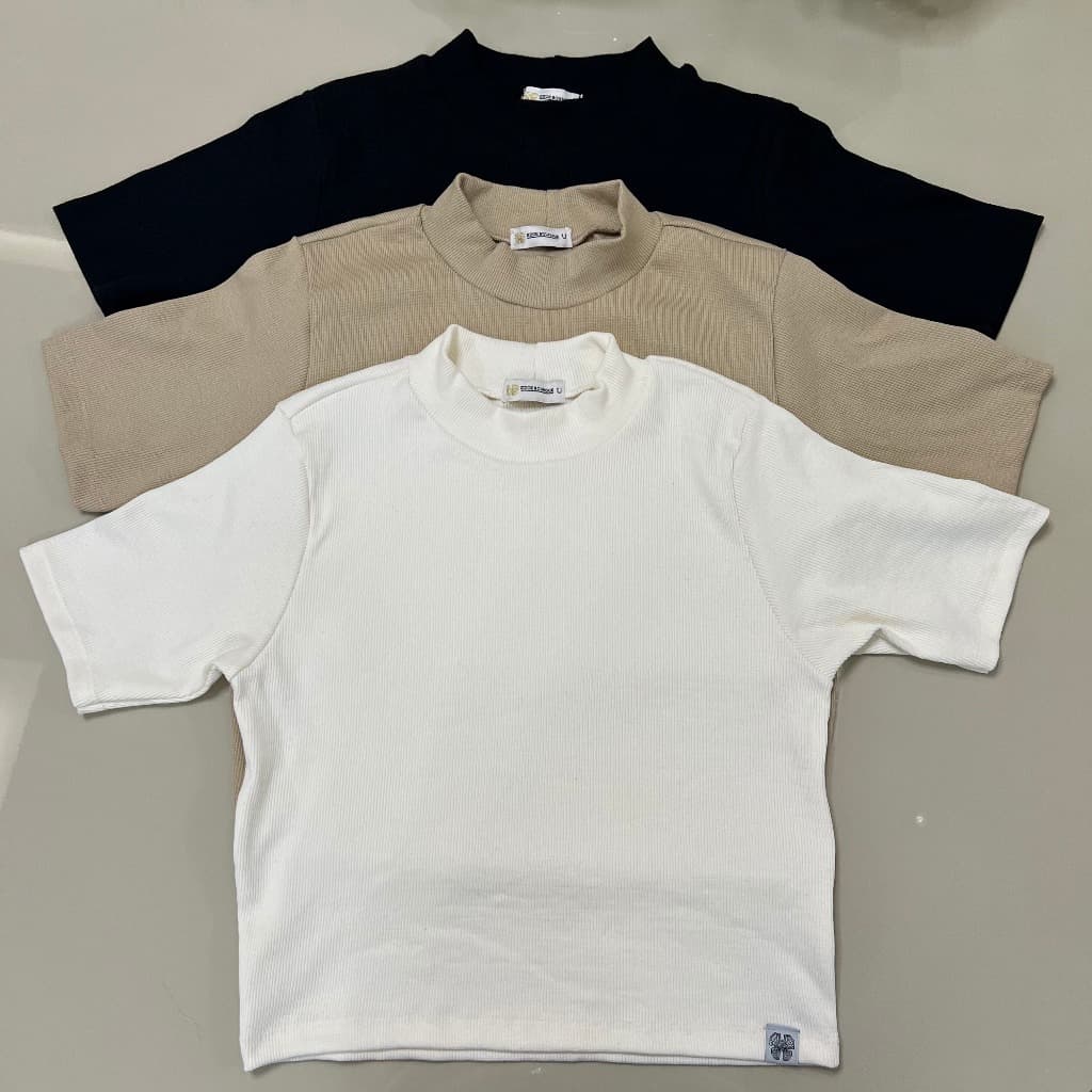 Kit 3 Blusa Feminina Básica Gola Alta Manga Curta Canelado Ribana CORES SORTIDAS