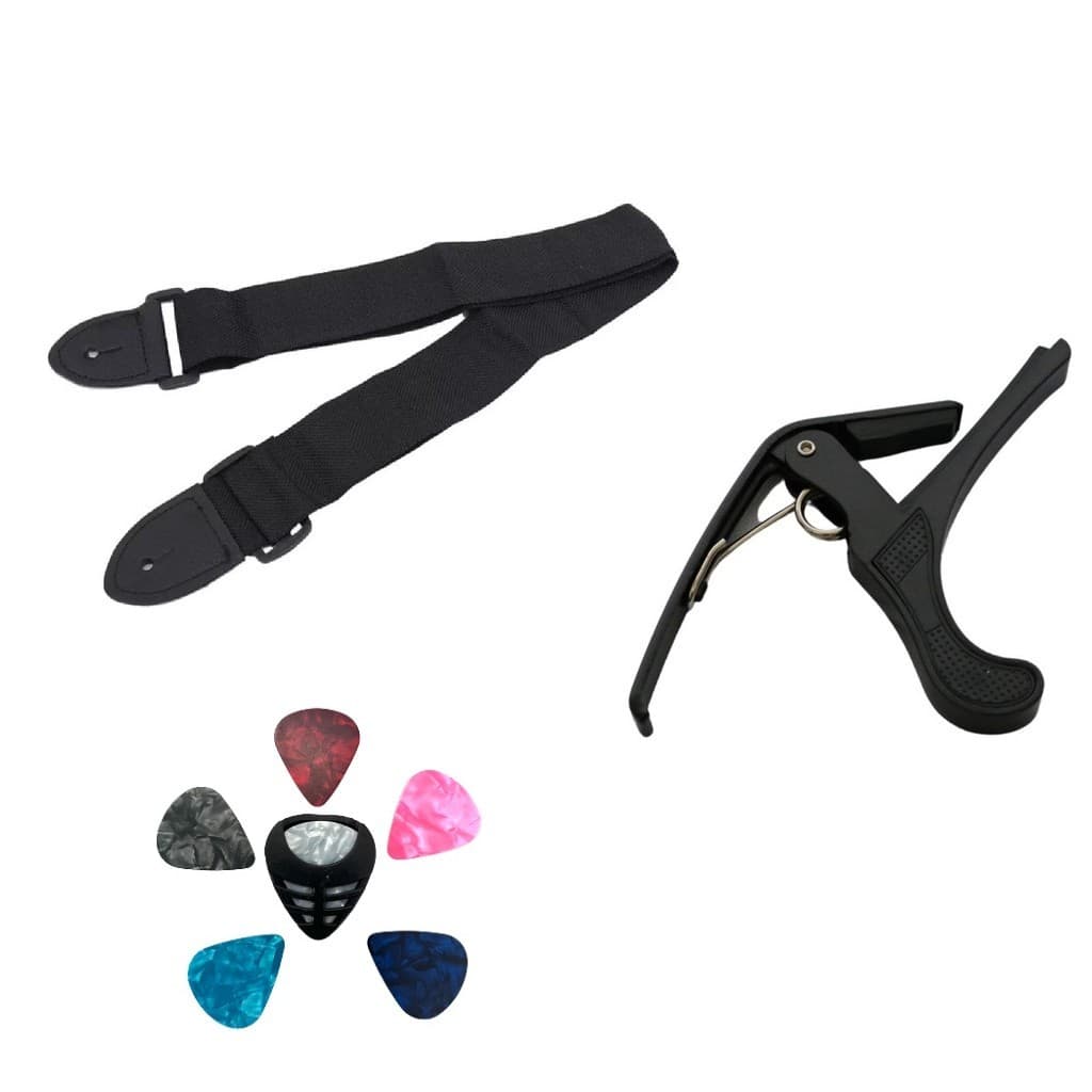 Correia Violão Guitarra Ukelele + Capotraste + Porta Palhetas + 6 Palhetas