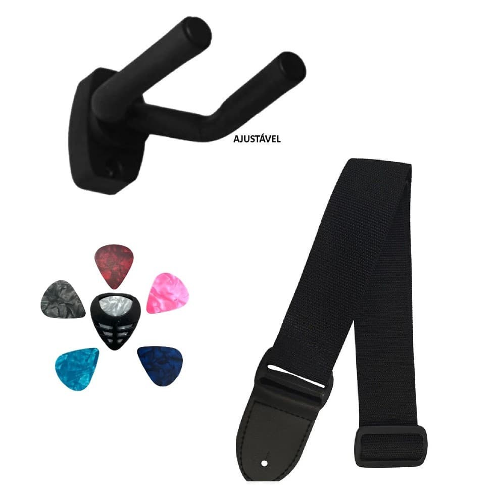 Suporte Violão Guitarra Cavaco  Parede Ajustável E Correia Alça Preta Violão Guitarra + Porta Palhetas + 6 Palhetas