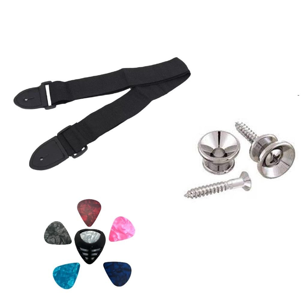 Correia Violão Guitarra Ukelele + Roldanas + Porta Palhetas + 6 Palhetas