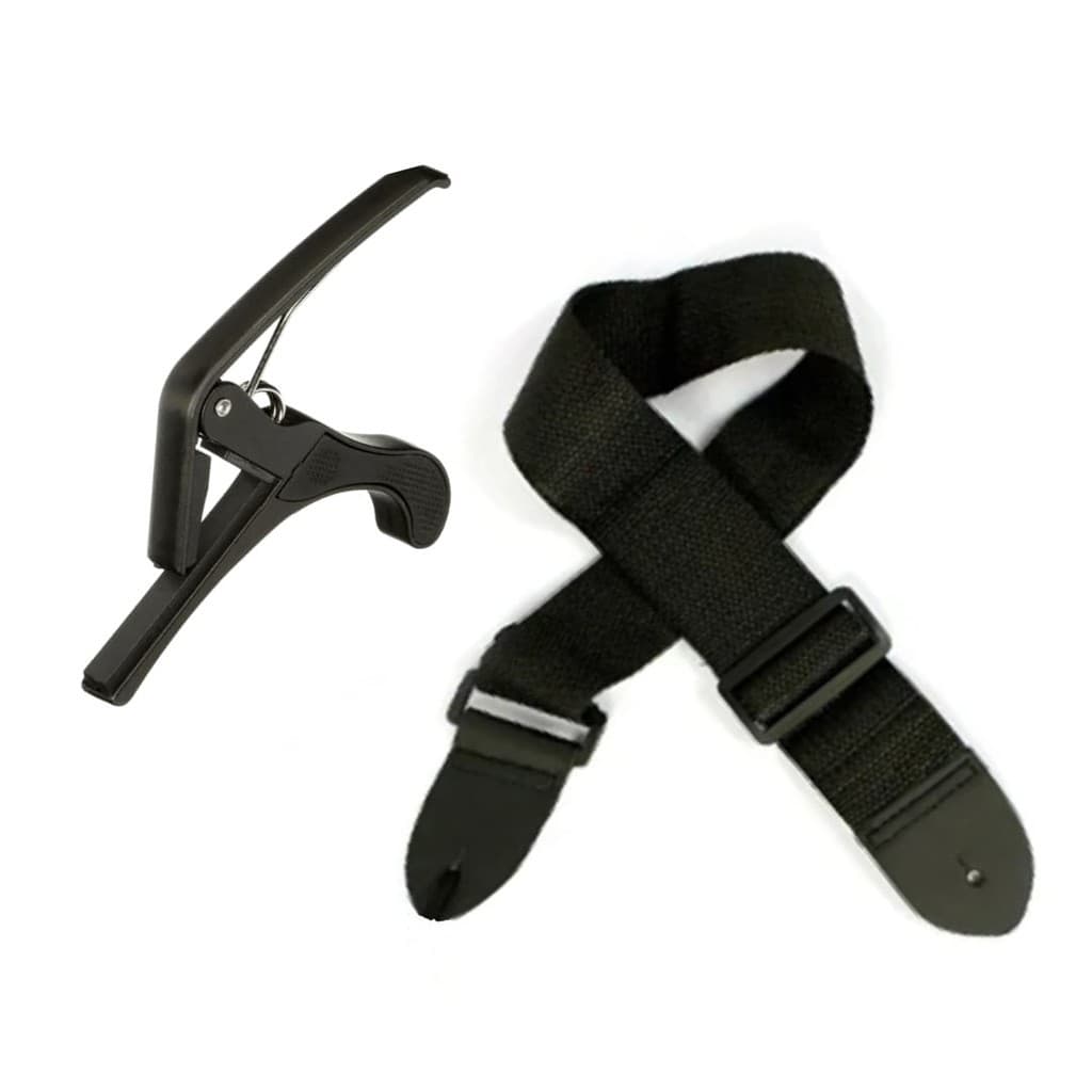 Correia Preta Básica com Ajuste de Altura + Capotraste Braçadeira Violão Guitarra Cavaquinho