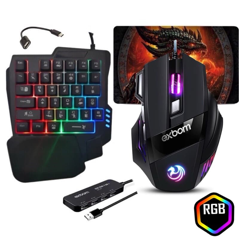 Kit Mobilador Gamer Completo Teclado One Hand E Mouse + Kit Celular + Mouse