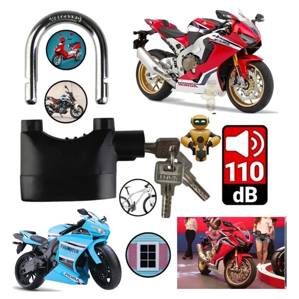 Cadeado Com Alarme Sirene 110dB Com Chave Atomica Proteção Antifurto P/ Moto, Bake, Cancela, Portão
