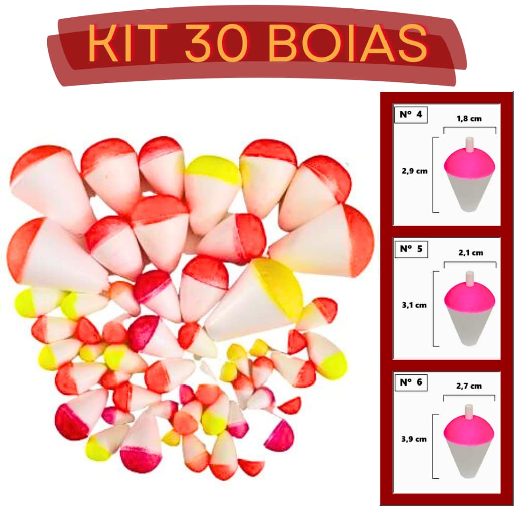 Boia de Pesca Isopor 30un Kit Pescaria Nº4 + Nº5 + Nº6 Boias Lambari Pesqueiro Tilápia Pescar