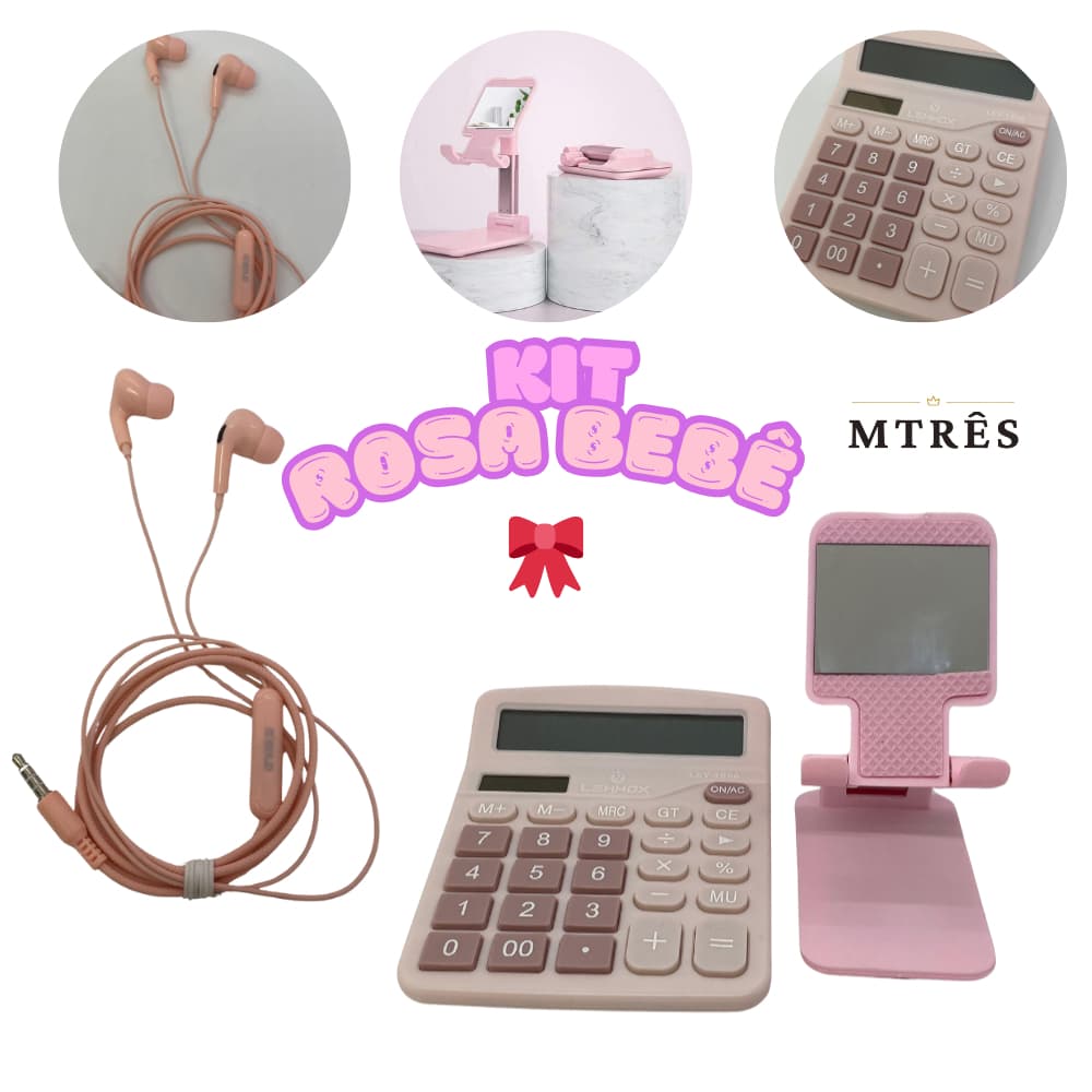 Kit Completo: Suporte, Calculadora e Fone Rosa Claro 🌸