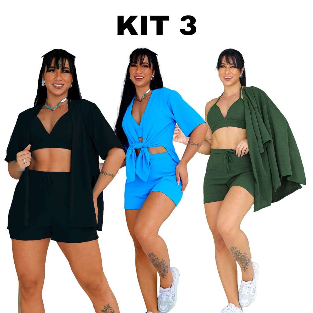 KIT 3 Conjunto Feminino kimono 3 Peças + Short e Cropped com Bojo Duna Não Amassa