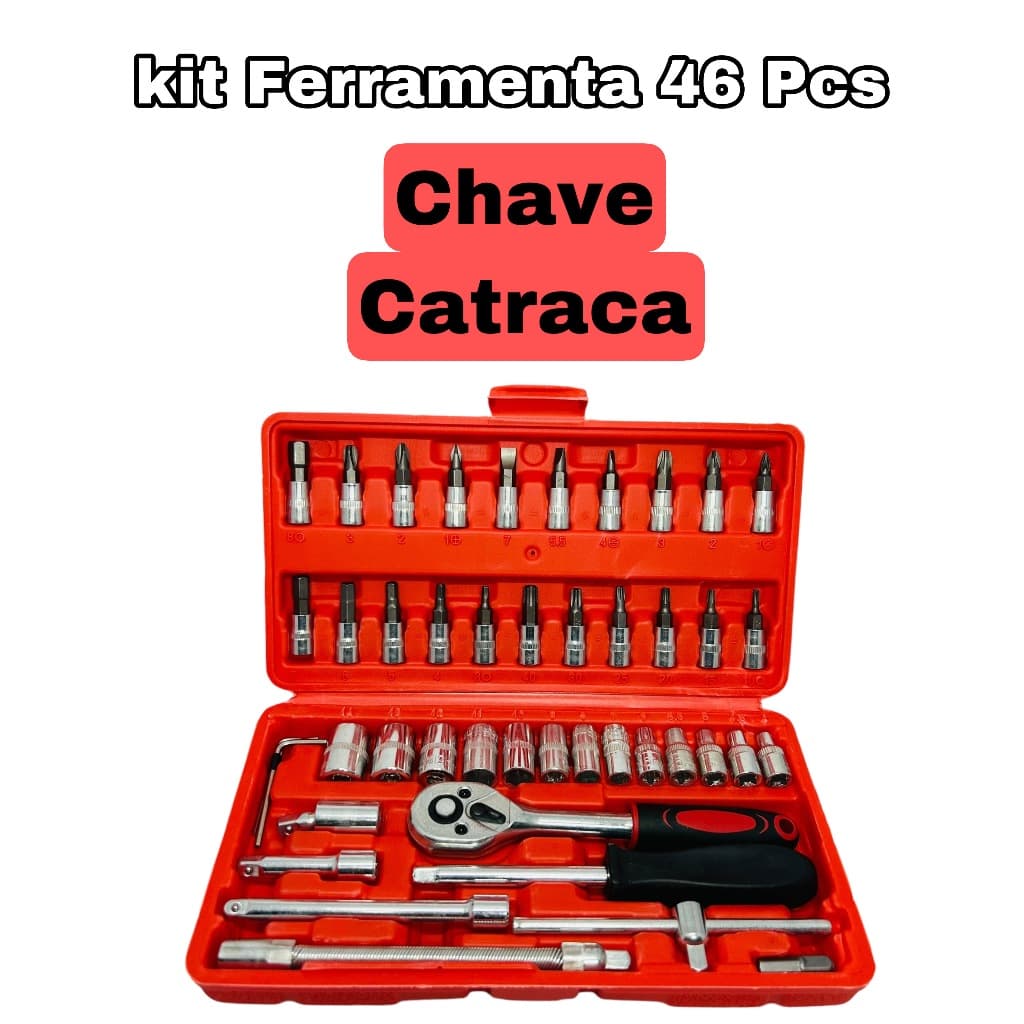 Jogo Ferramentas 46 Chaves Catraca Soquetes Crv Bits 1/4