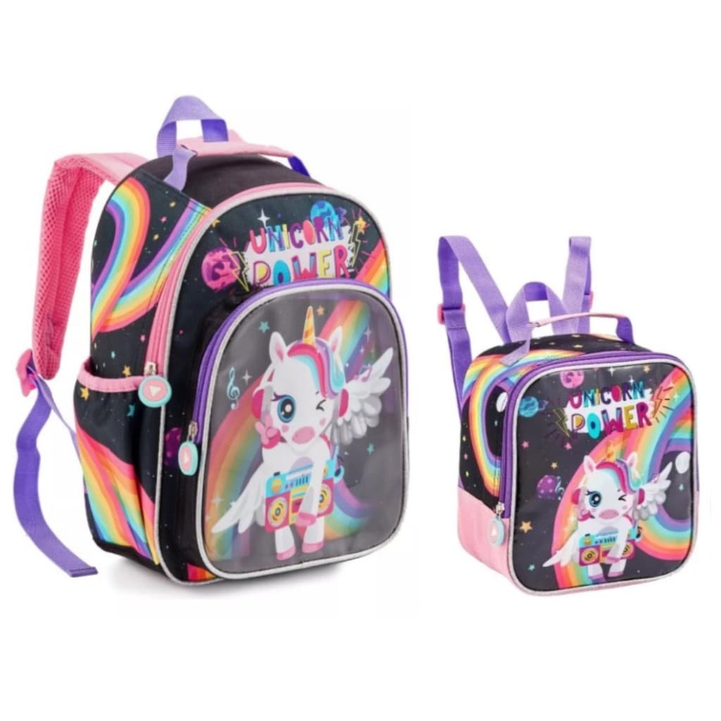 Mochila Unicórnio + Lancheira Térmica Infantil Menina Escolar Feminina Costas Tamanho G