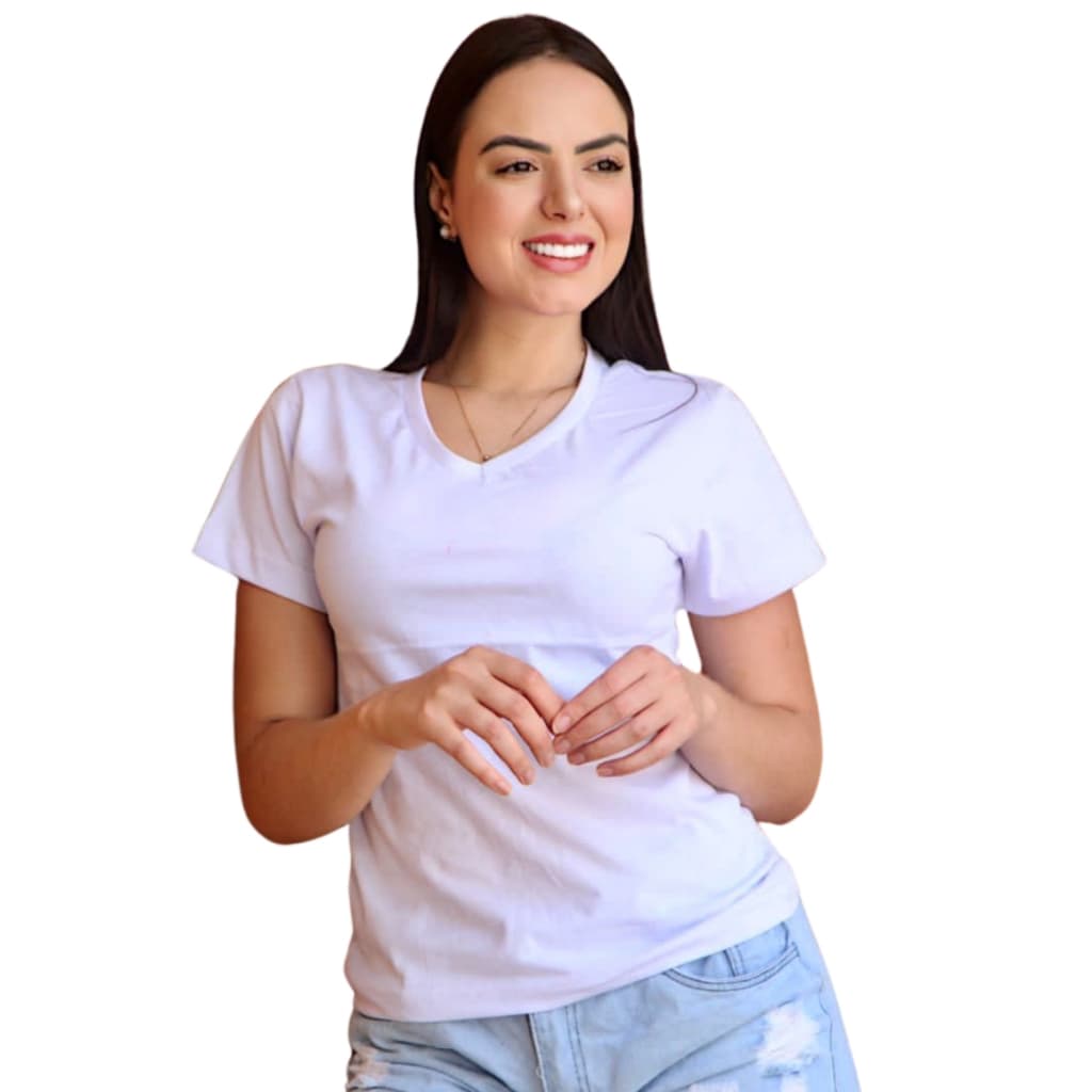Camiseta Feminina Baby Look Gola V Básica Lisa P/ O Dia A Dia Branca Confira !