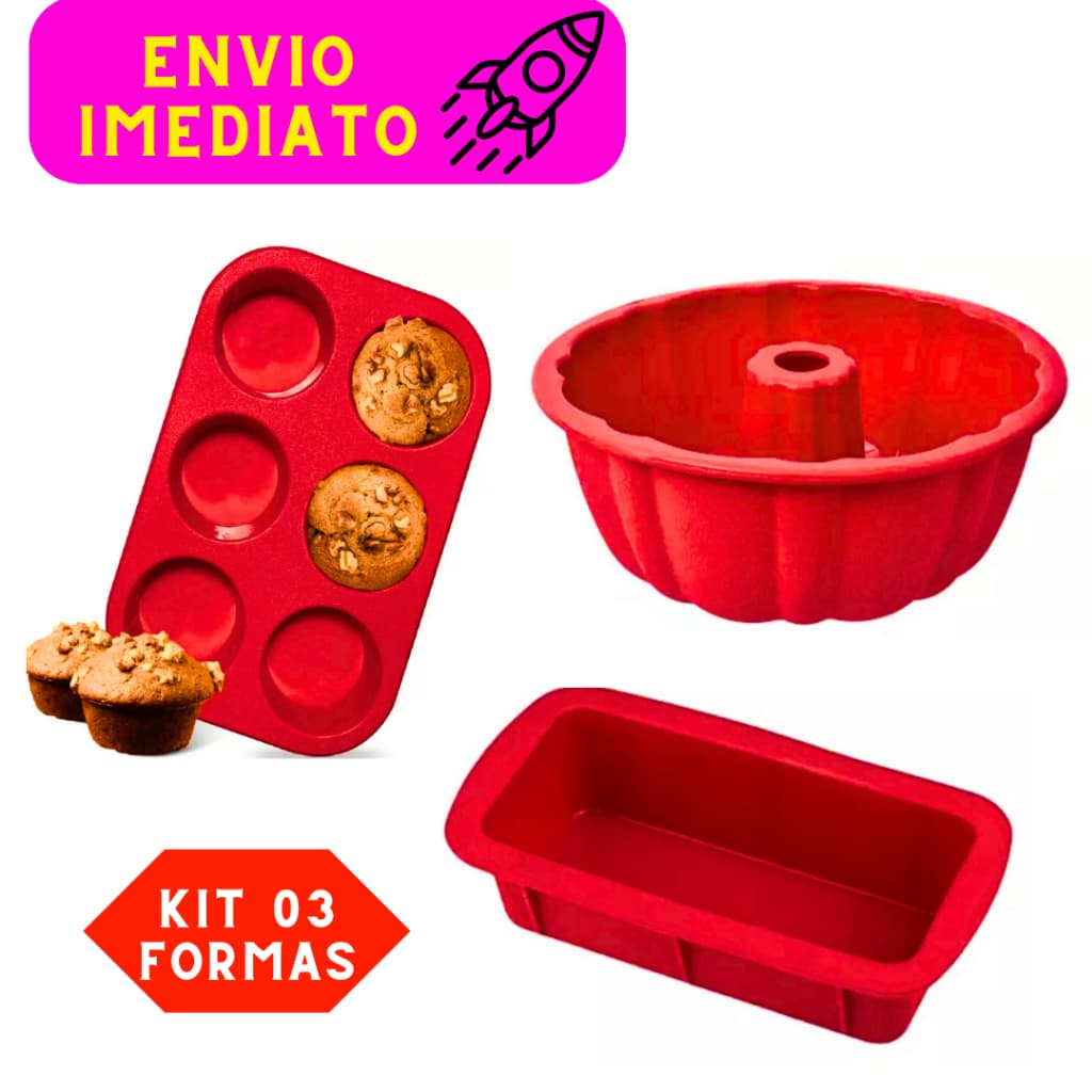 Kit 03 Formas de Silicone 01 Bolo 01 Pão 01 Cupcake Formas Flexíveis Silicone de Alta Qualidade