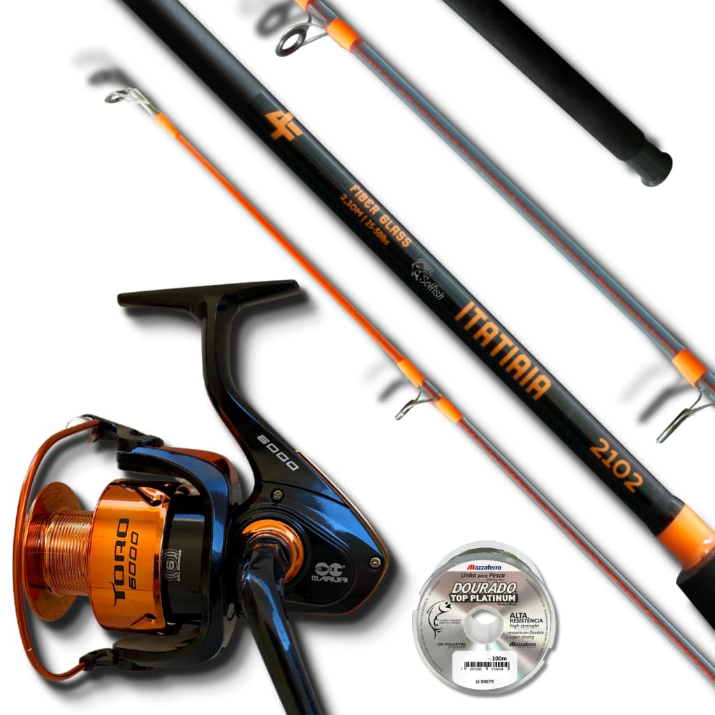 Kit Completo de Pesca Molinete Toro 6000 6 Rolamentos  E Vara Itatiaia 2,10m 50lbs Albatroz + Linha