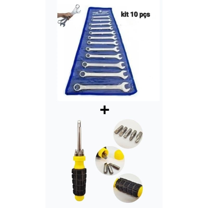 Jogo Kit de Chaves Combinadas Boca Estrela e Fixa Resistente 10+Chave de Fenda Philips Bits