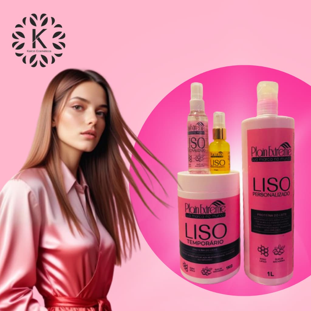 Kit Liso Personalizado Shampoo 1L + Máscara 1Kg + Spray de Brilho 60mL + Óleo Reparador 35mL Kairon Cosméticos