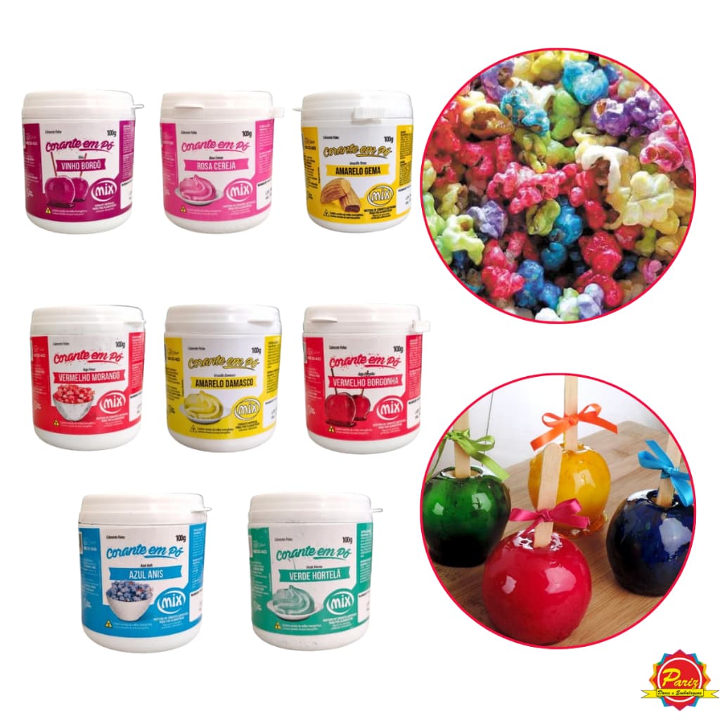 KIT 4 a 12 Corantes em Pó 100g Corante para Caldas Cremes Maçã do Amor Pipoca Recheios - Mix
