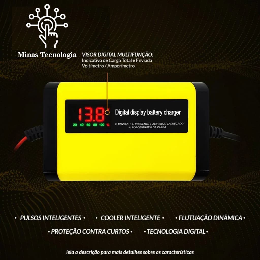 Carregador de Bateria Automotivo  Inteligente – Bivolt – 12V –  Prático e funcional