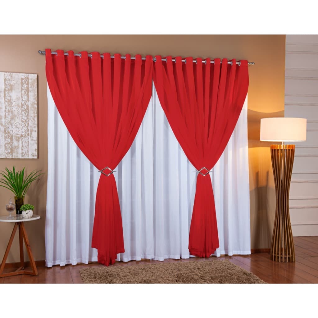 Cortina Voil Com Forro Microfibra 6,00x2,50 Branco E Vermelho Sala E Quarto