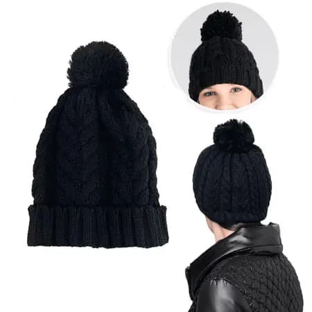 Touca de Lã Tricot De Frio Com Pompom Preta Gorro De Lã Tricot Inverno