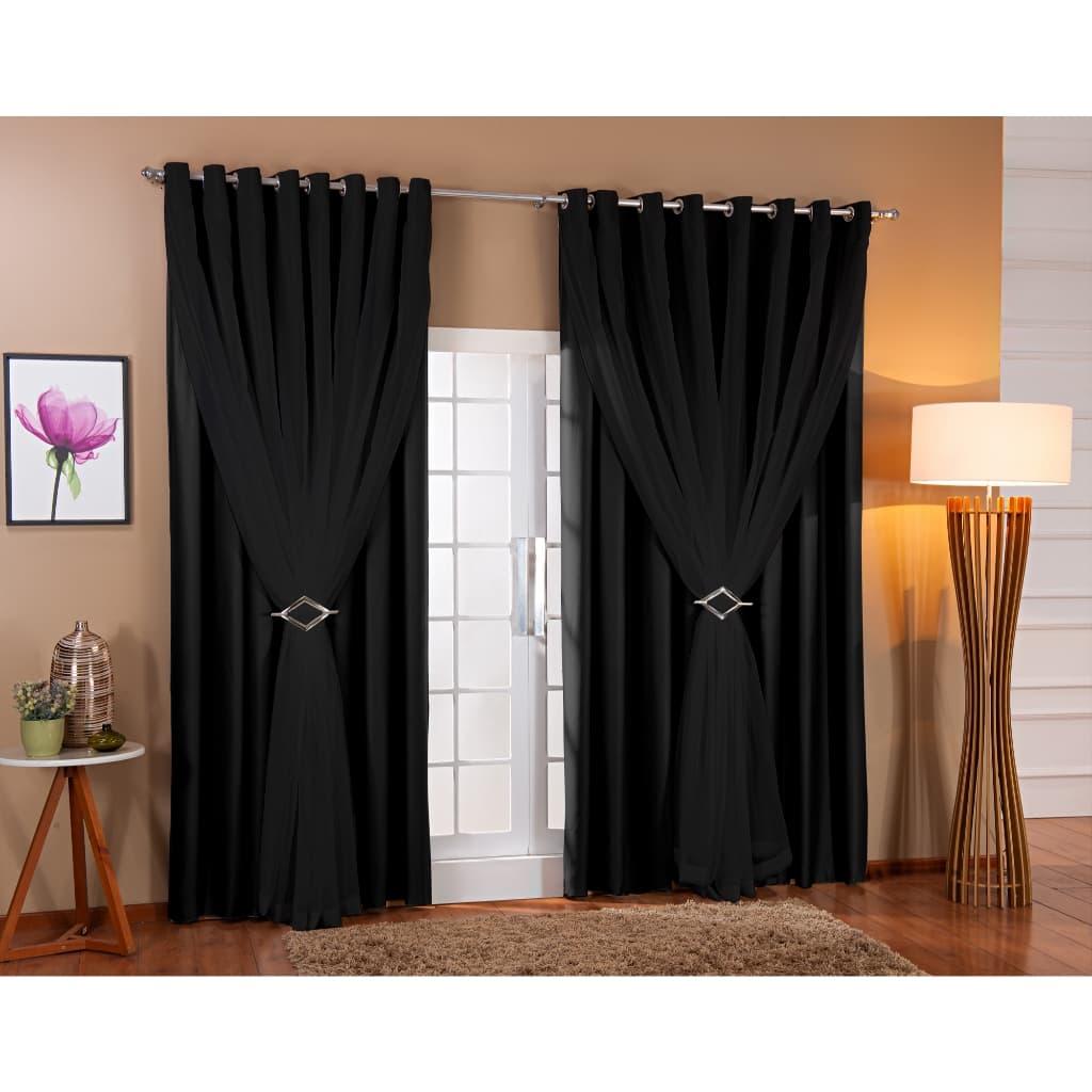 Cortina Blackout Com Voil 5,00x2,50 Sala E Quarto Corta Luz Preta