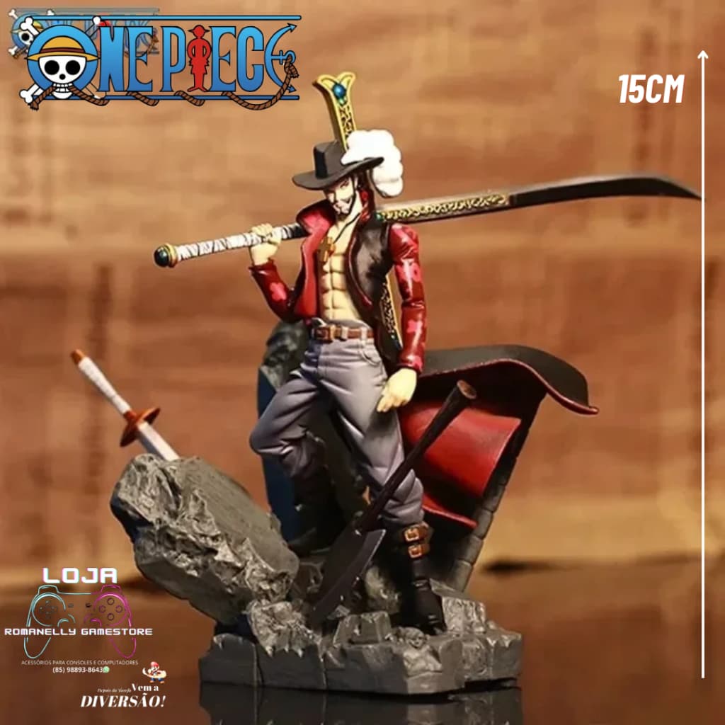 Mihawk Pirata 15cm One Piece Action FIgure Anime Colecionavel Boneco decoração enfeite presente Gamer geek Barco