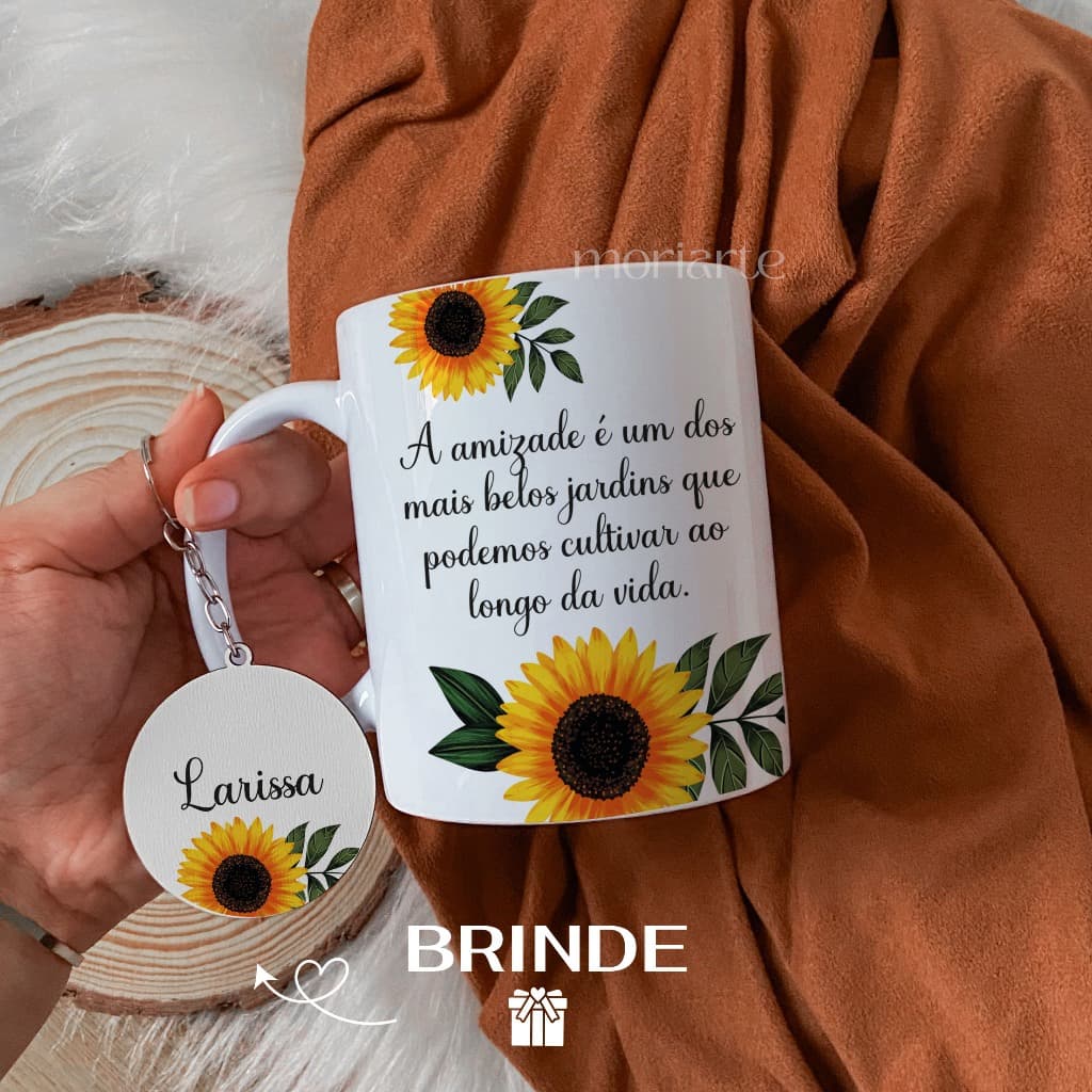 Caneca personalizada Girassol Amizade, Caneca+chaveiro para amiga, presente criativo