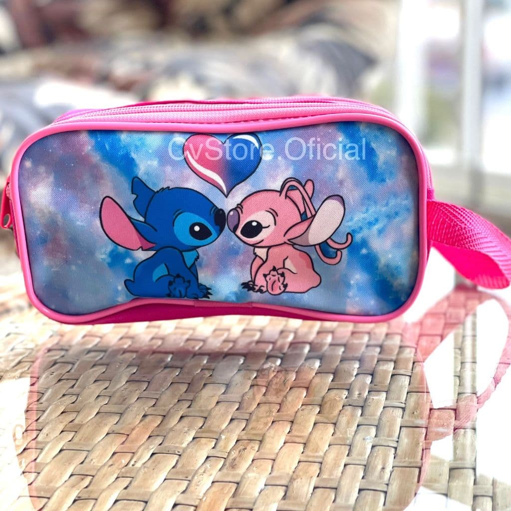 Estojo Duplo Infantil Escolar Personagem Lilo & Stitch Grande 2 Zíperes Compartimentos Menina Azul Volta As Aulas