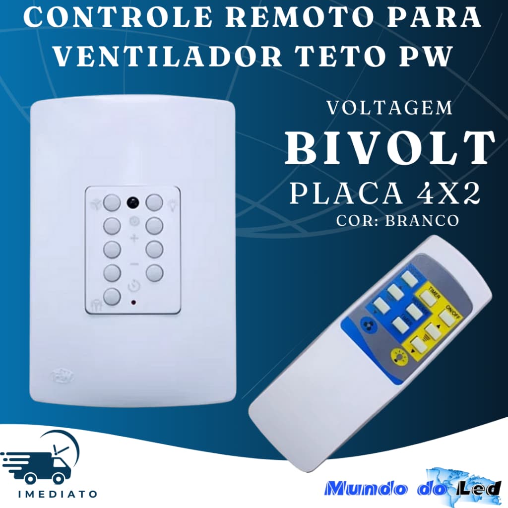 Controle Remoto para Ventilador Teto Com Placa 4X2 Bivol PW