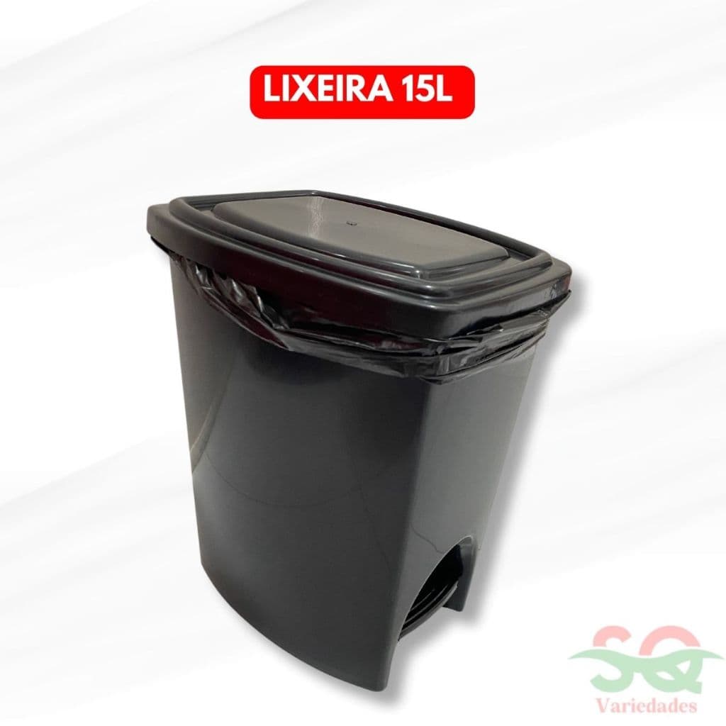 Lixeira 15 Litros Com Pedal Preto Plástico Super Resistente Para Cozinha Banheiro Escritório Quintal