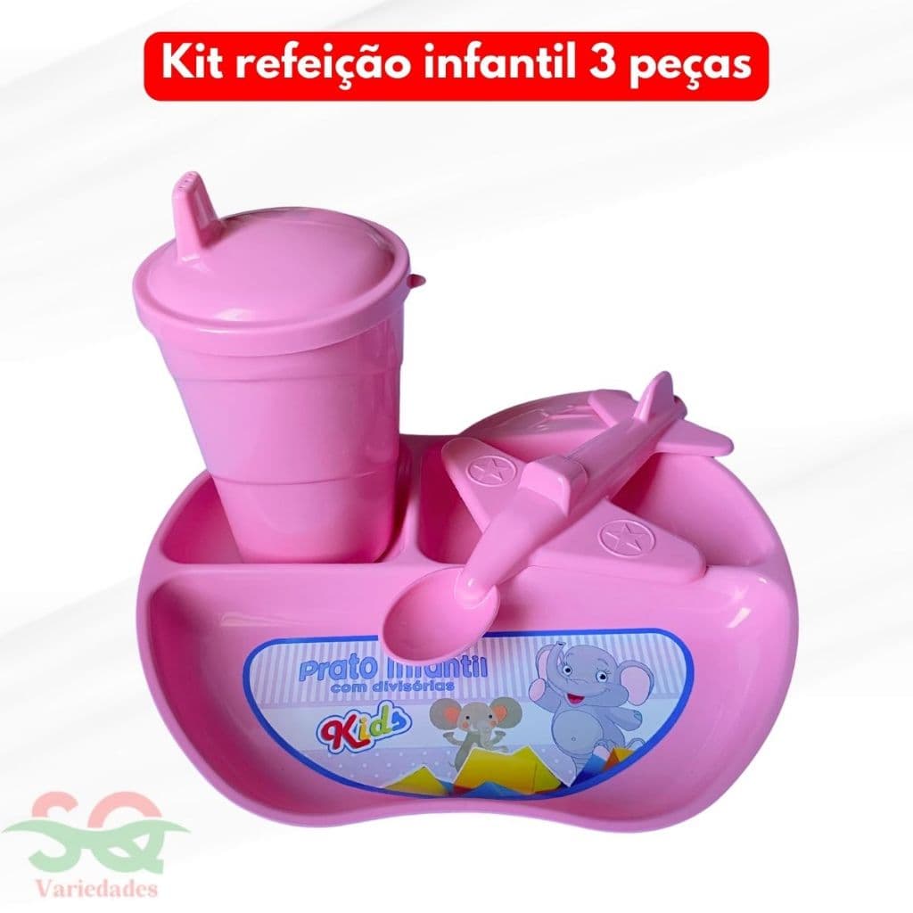 Kit 3 Peças Prato Maçã + Copo Com Tampa + Colher Avião Kit Alimentação Refeição  Kit Merenda Escolar Creche