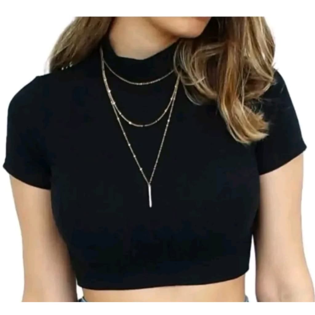 Blusa Feminina Cropped Canelado Gola Alta Manga Curta Blogueira Varias Cores Moda Mulher Elegante