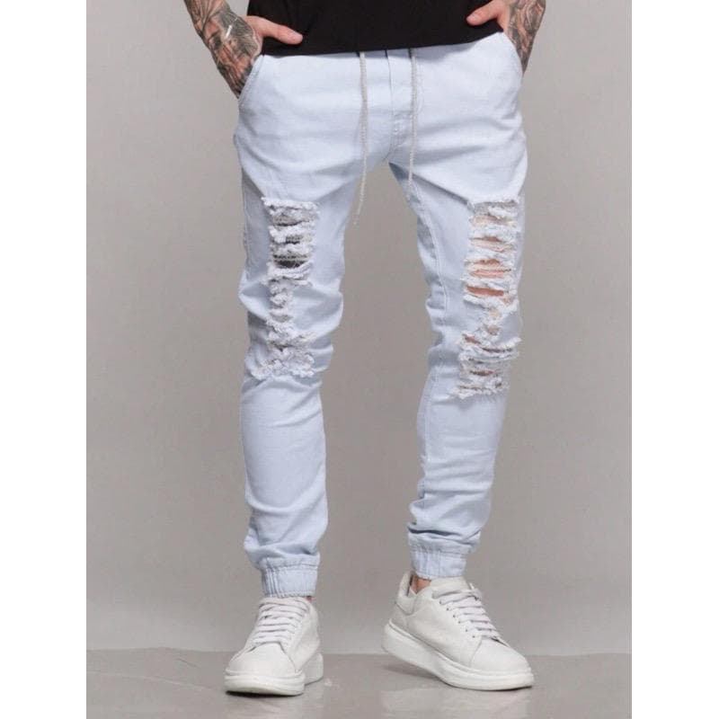 Calça Masculina Jeans Sarja Skinny Slim Rasgada Destroyed