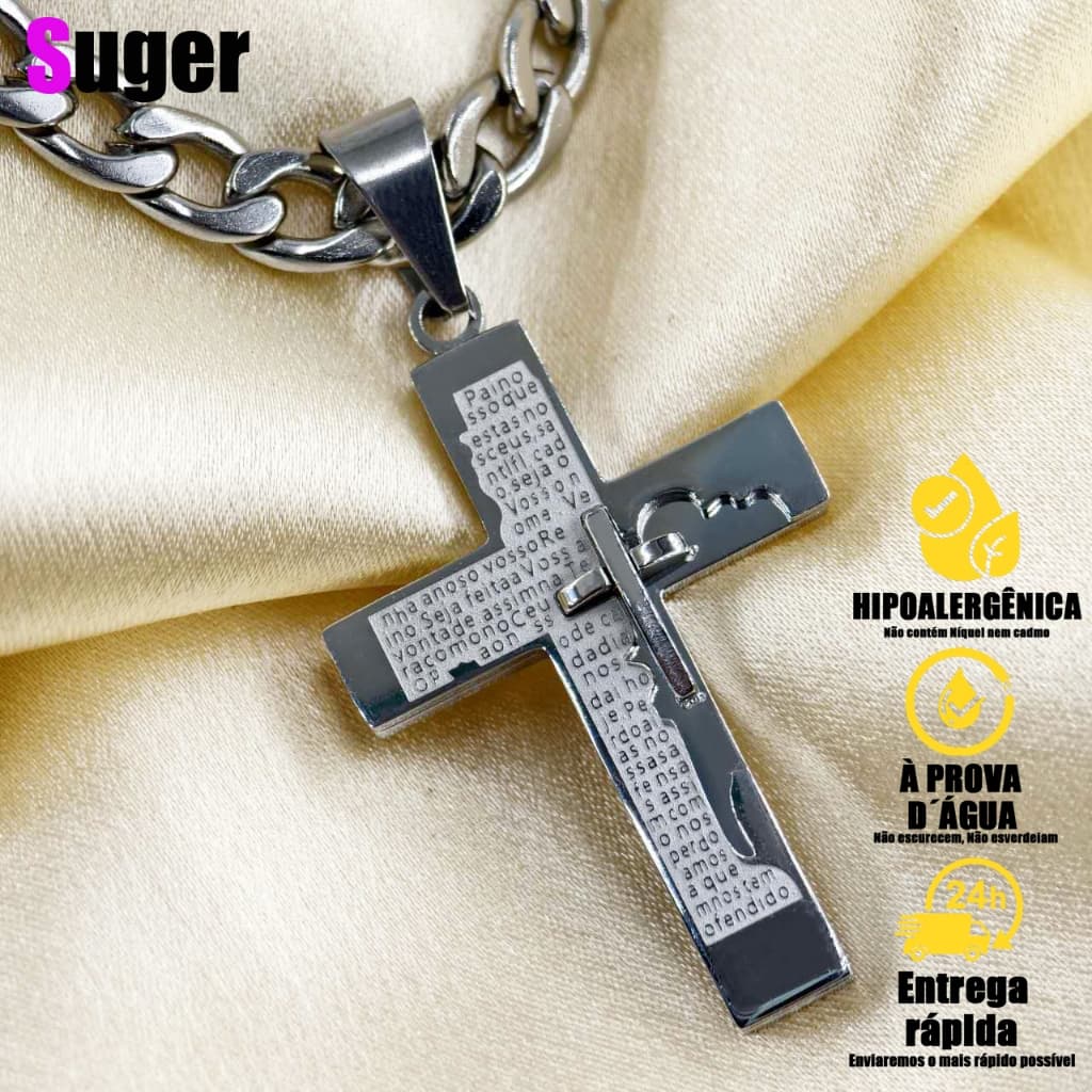 Colar De Corrente Crucifixo Masculino Pingente Cruz Pai Nosso Aço inox Banho de Prata presente