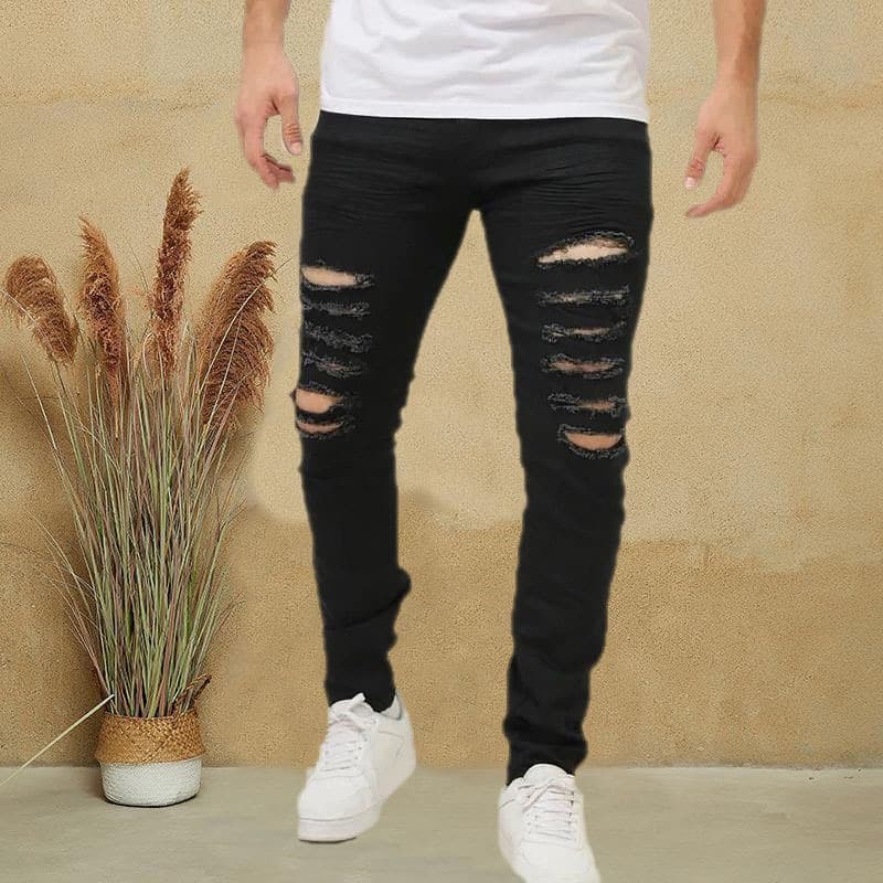 Modas Bolso Simples Calça Jeans Masculina Preta Slim Com Lycra Rasgadas Alta Qualidade