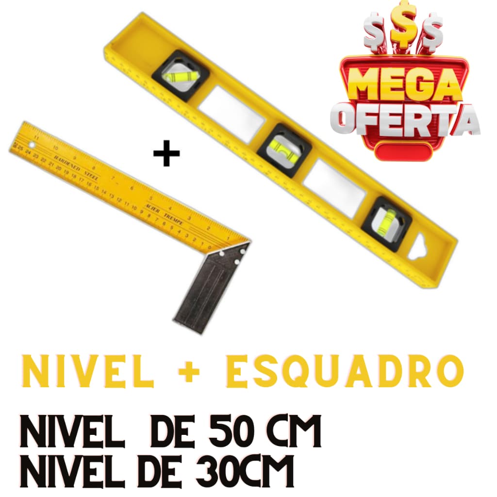 Esquadro Régua Carpinteiro Pedreiro Metálico Aço De 30cm Kit Profissional e Nível Polímetro Pedreiro