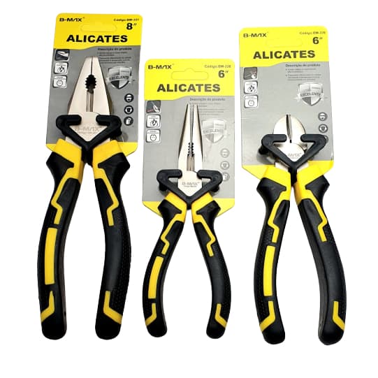 Kit Jogo 3 Alicates Universal Bico Meia Cana Corte Diagonal Emborrachado Aço Carbono Temperado