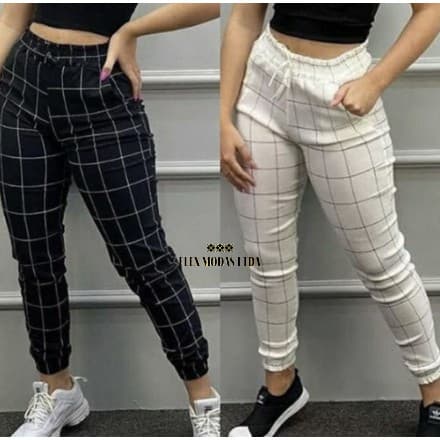 Calça Jogger Feminina Estampa Xadrez Quadriculada Bolsos Cordão Blogueiras #Calça Jogger Xadrez